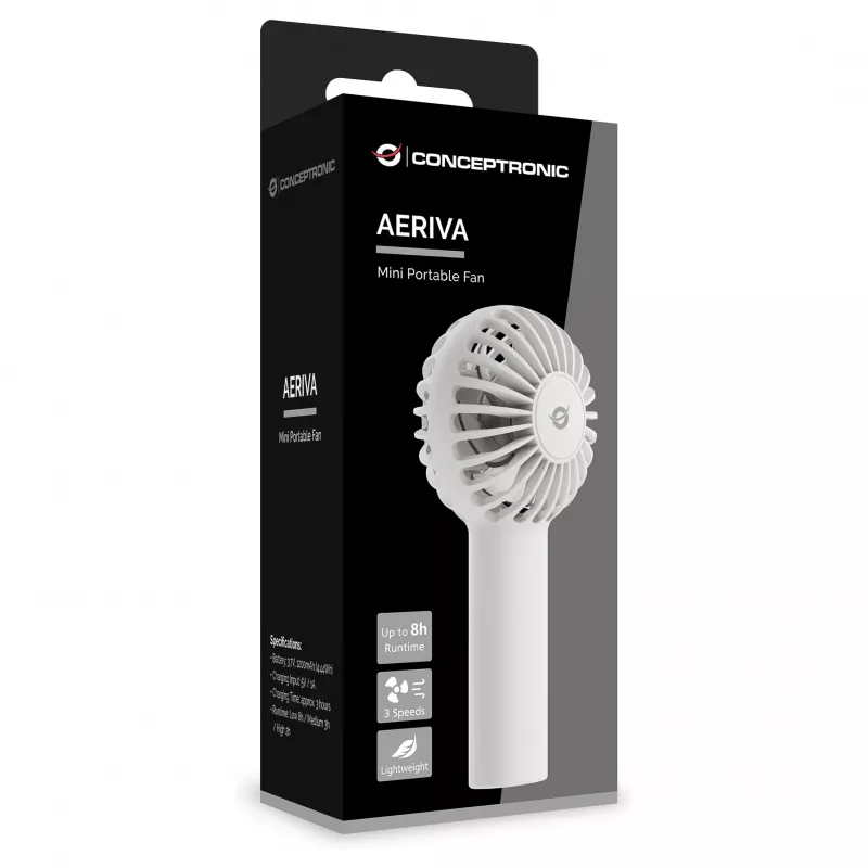CONCEPTRONIC AERIVA01W Mini portatīvais ventilators balts – uzlādējams, 3 ātrumi, USB-C