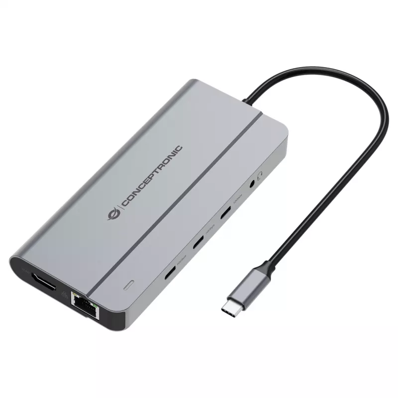 Conceptronic DONN34G 10-in-1 USB 3.2 Gen 2 MST dokstacija, 4K60Hz HDMI, 8K30Hz DisplayPort, GbE, USB-C 10Gbps x 3, USB-A 480Mbps x 2, Audio, 100W USB PD