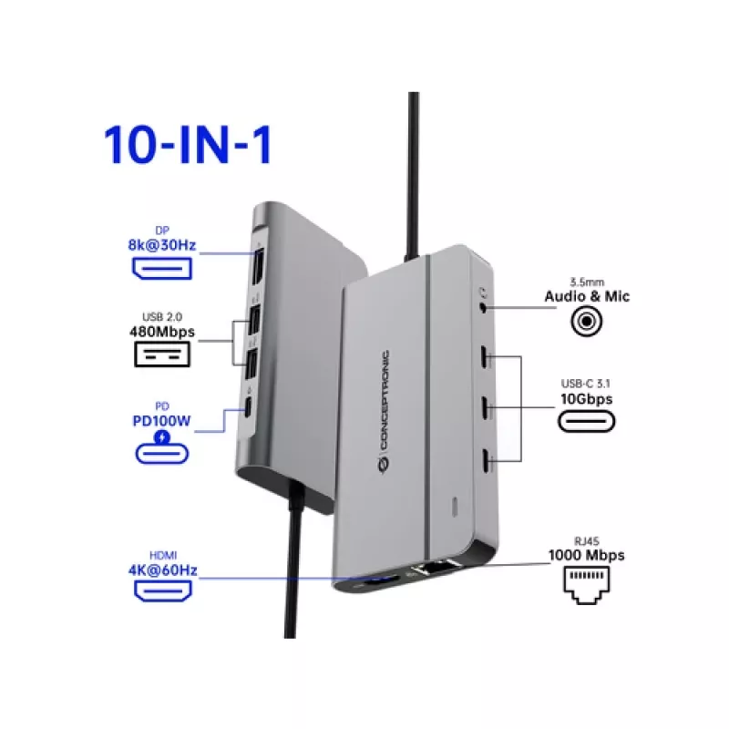 Conceptronic DONN34G 10-in-1 USB 3.2 Gen 2 MST dokstacija, 4K60Hz HDMI, 8K30Hz DisplayPort, GbE, USB-C 10Gbps x 3, USB-A 480Mbps x 2, Audio, 100W USB PD