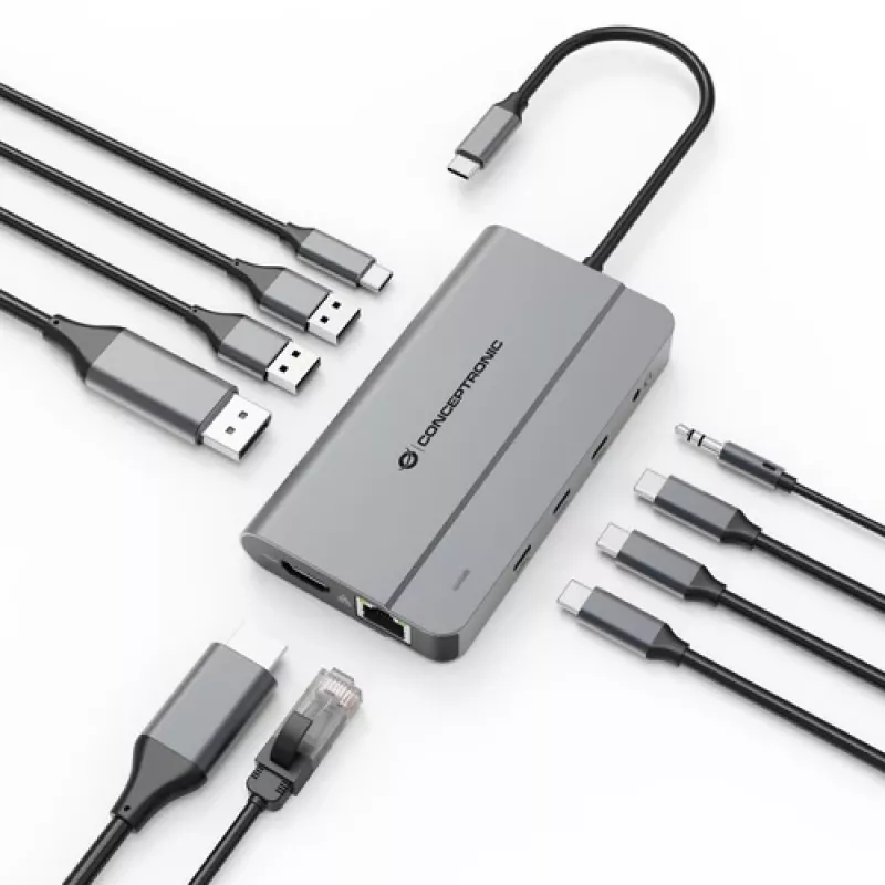 Conceptronic DONN34G 10-in-1 USB 3.2 Gen 2 MST dokstacija, 4K60Hz HDMI, 8K30Hz DisplayPort, GbE, USB-C 10Gbps x 3, USB-A 480Mbps x 2, Audio, 100W USB PD