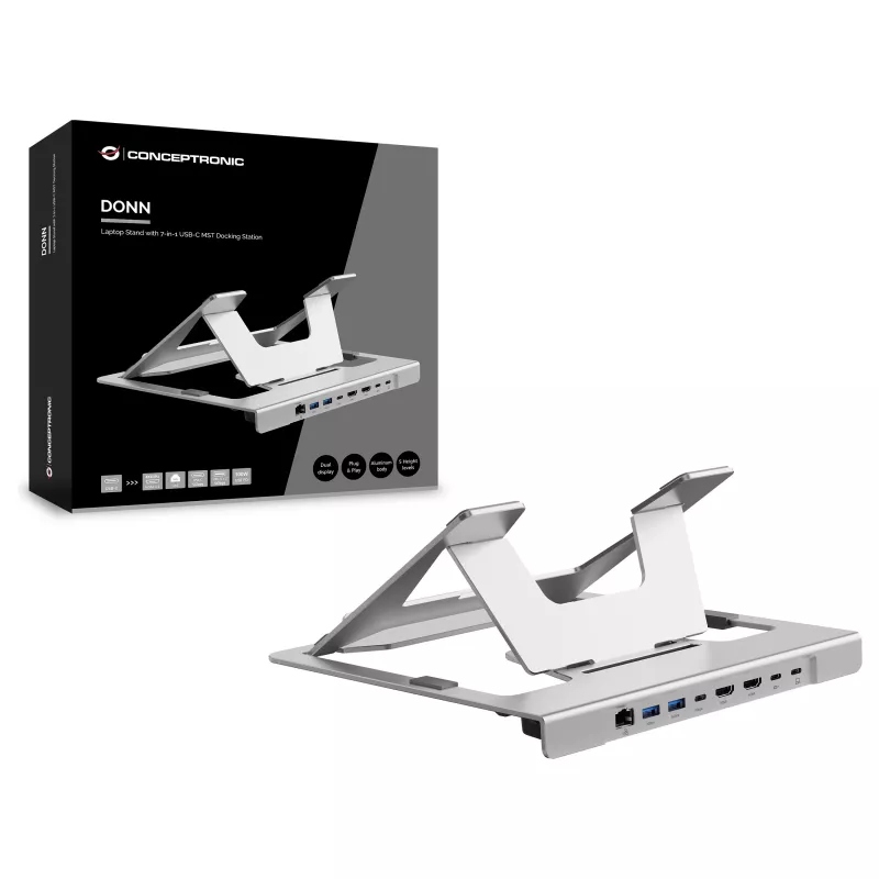 Conceptronic DONN35S Laptop Statīvs ar 7-in-1 USB-C Dokošanas staciju, Dual HDMI 4K60Hz, GbE, USB-C 5Gbps, 2x USB-A, 100W PD, Sudraba