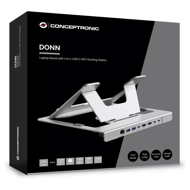 Conceptronic DONN35S Laptop Statīvs ar 7-in-1 USB-C Dokošanas staciju, Dual HDMI 4K60Hz, GbE, USB-C 5Gbps, 2x USB-A, 100W PD, Sudraba
