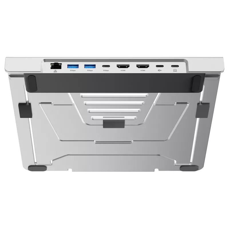 Conceptronic DONN35S Laptop Statīvs ar 7-in-1 USB-C Dokošanas staciju, Dual HDMI 4K60Hz, GbE, USB-C 5Gbps, 2x USB-A, 100W PD, Sudraba