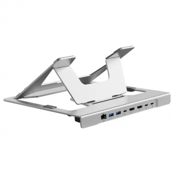 Conceptronic DONN35S Laptop Statīvs ar 7-in-1 USB-C Dokošanas staciju, Dual HDMI 4K60Hz, GbE, USB-C 5Gbps, 2x USB-A, 100W PD, Sudraba