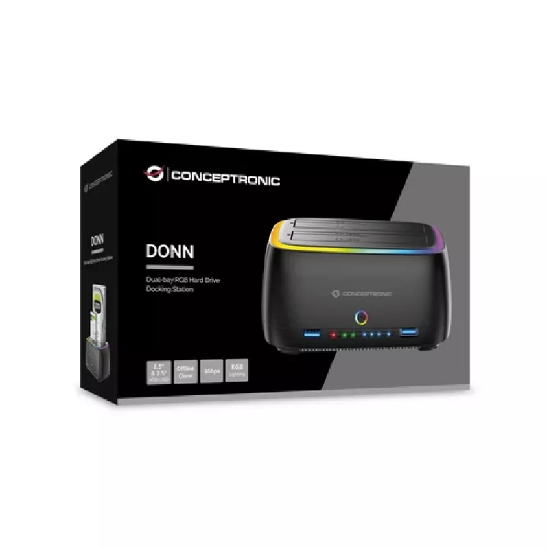 Conceptronic DONN36B 2 nodalījumu SATA HDD/SSD dokstacija, USB 3.0, 2x USB-A, melna
