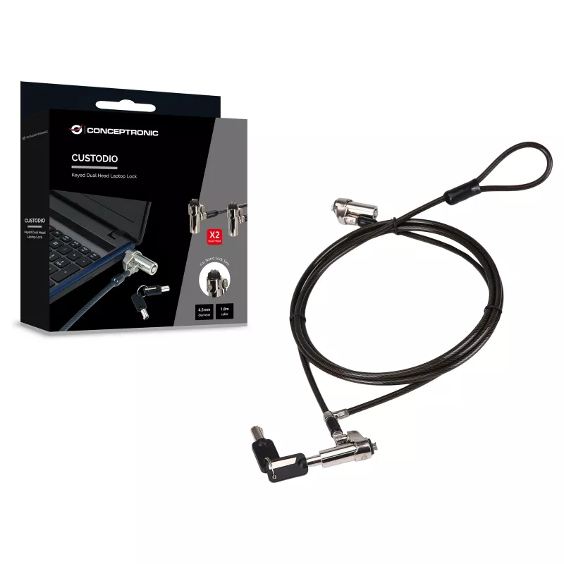 Conceptronic NBT Nano-Lock Dual klēpjdatora kombinētā slēdzene, 4 ciparu, 1.8m tērauda trose, melna/sudraba