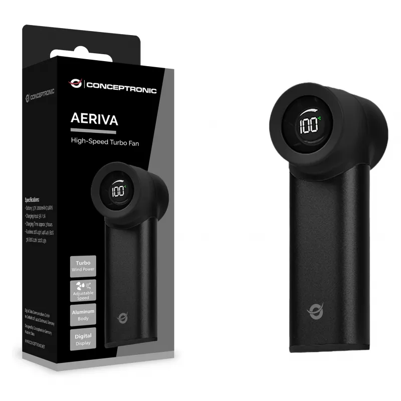 CONCEPTRONIC Turbo rokas ventilators melns USB-C uz USB-A alumīnija 5V 3 ātrumu uzlādējams 2000mAh