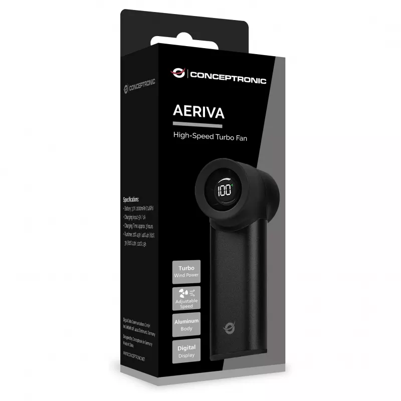 CONCEPTRONIC Turbo rokas ventilators melns USB-C uz USB-A alumīnija 5V 3 ātrumu uzlādējams 2000mAh