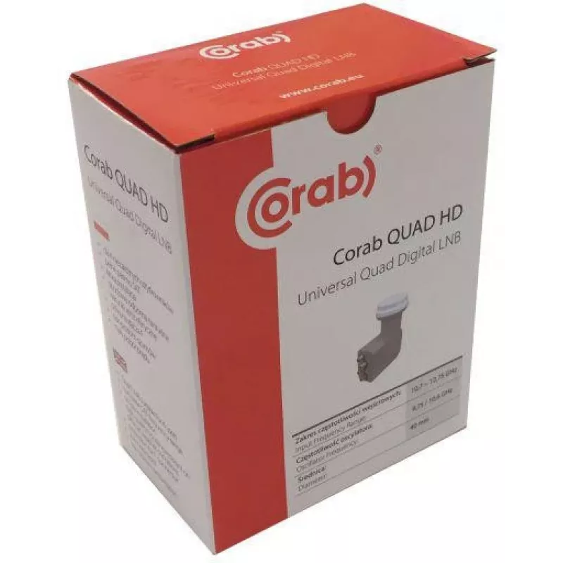 CORAB Universal Quad LNB – 4 izejas, 0,1 dB trokšņa rādītājs, 40 mm apstarotājs