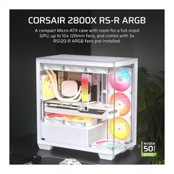 CORSAIR 2800X RS-R ARGB Micro-ATX divkameru kuba korpuss, White, ar panorāmas rūdīto stiklu un 2x LL120 RGB ventilatoriem