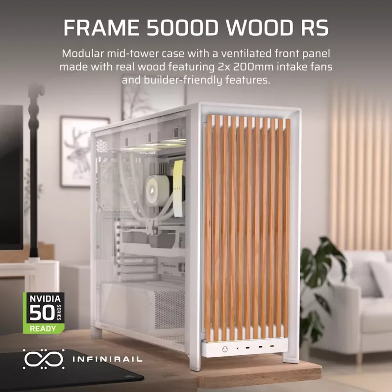 Corsair FRAME 5000D WOOD RS Mid-Tower PC korpuss, balts/valrieksts, rūdīts stikls, ATX, E-ATX, Micro-ATX, Mini-ITX, tērauds/plastmasa, spēlēm