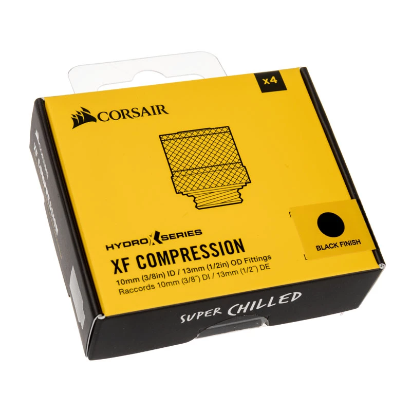 CORSAIR Hydro X Series XF kompresijas savienotājs, taisns G1/4 inch vīrišķais uz 13/10mm mīksto caurulīti, melns – 4 gab. iepakojums