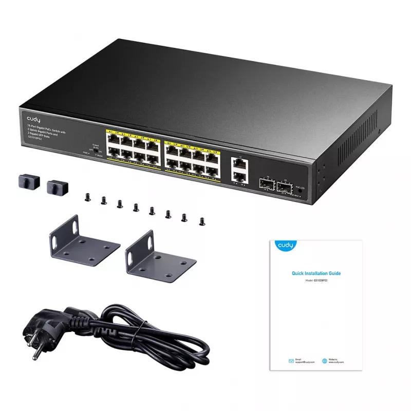 Cudy GS1018PS2 16-Port Gigabit PoE+ Switch ar 2 Uplink Portiem un 2 SFP Slotiem 200W