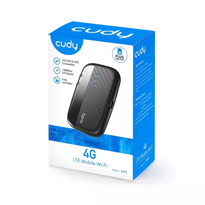 Cudy MF4 4G LTE mobilais Wi-Fi hotspot maršrutētājs, 300 Mbps vienjoslas 2.4 GHz, līdz 10 ierīcēm, 2000 mAh akumulators, melns