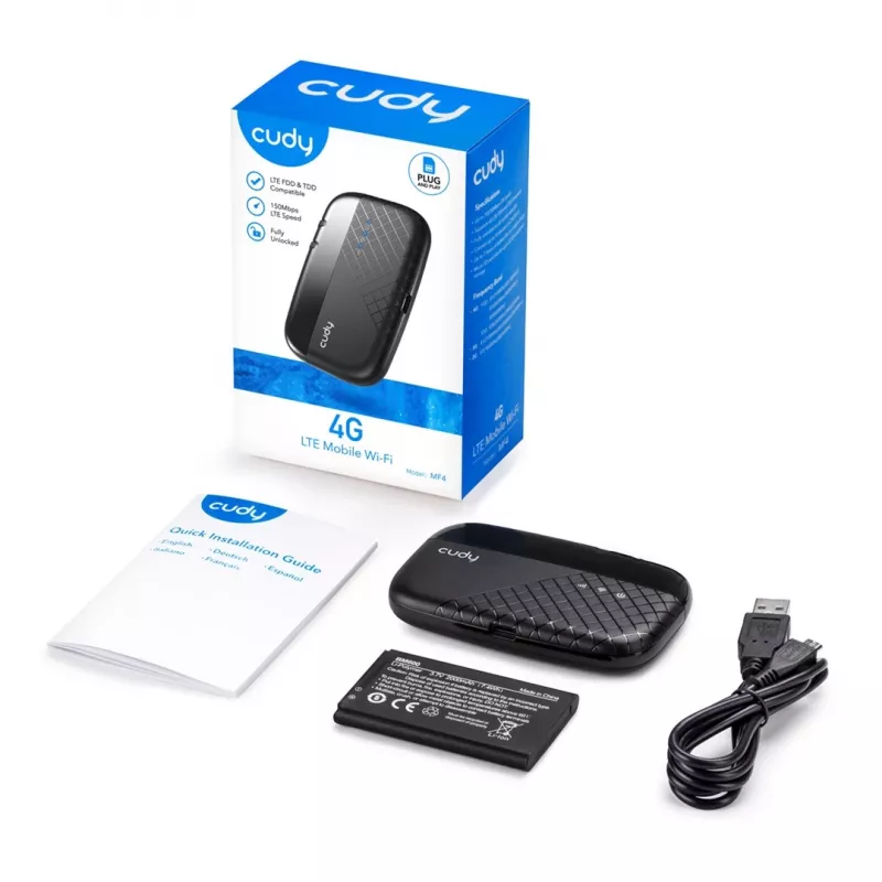 Cudy MF4 4G LTE mobilais Wi-Fi hotspot maršrutētājs, 300 Mbps vienjoslas 2.4 GHz, līdz 10 ierīcēm, 2000 mAh akumulators, melns