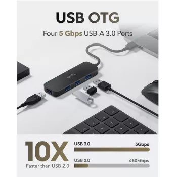 Cudy UH40A PortMate USB-A uz 4 portu USB 3.0 centrmezgls 5Gbps Tikai Dati Plastmasa Kompakts Melns