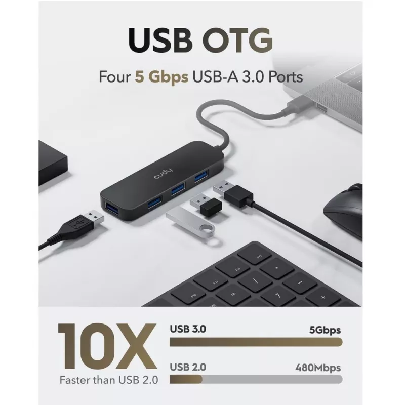 Cudy UH40A PortMate USB-A uz 4 portu USB 3.0 centrmezgls 5Gbps Tikai Dati Plastmasa Kompakts Melns