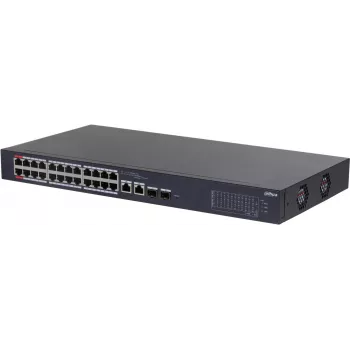 DAHUA CS4226-24ET-375 26 portu Layer 2+ pārvaldāms PoE+ slēdzis ar 24 Gigabit PoE+ portiem, 2 SFP augšupsaitēm, 375W budžetu, bez ventilatora, plauktā montējams