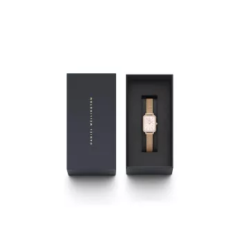 DANIEL WELLINGTON Quadro Sieviešu Pulkstenis DW00100669 - 20mm Rozā Zelta Korpuss, Melna Ādas Siksniņa