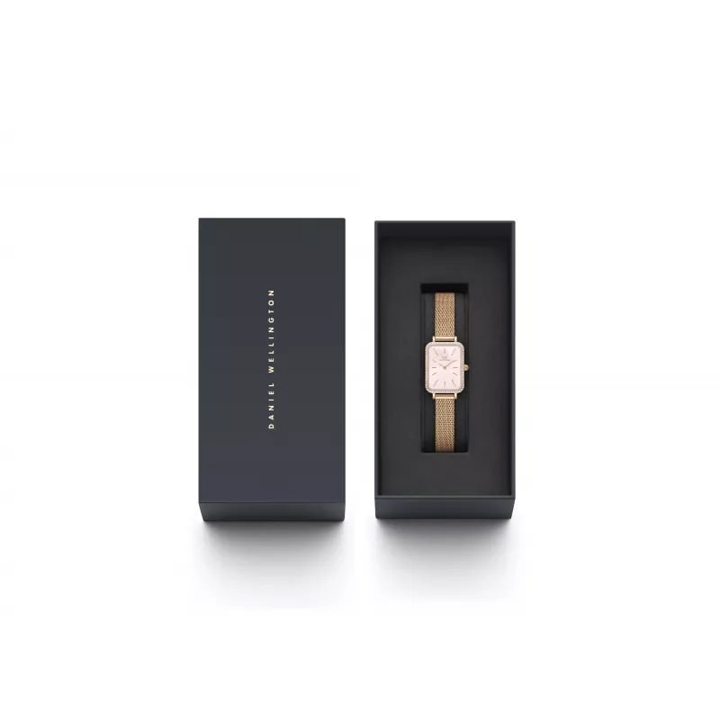 DANIEL WELLINGTON Quadro Sieviešu Pulkstenis DW00100669 - 20mm Rozā Zelta Korpuss, Melna Ādas Siksniņa