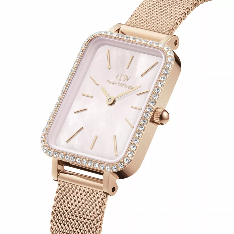 DANIEL WELLINGTON Quadro Sieviešu Pulkstenis DW00100669 - 20mm Rozā Zelta Korpuss, Melna Ādas Siksniņa