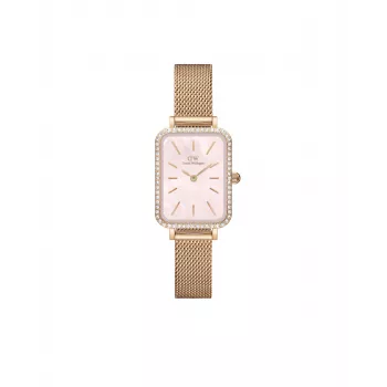 DANIEL WELLINGTON Quadro Sieviešu Pulkstenis DW00100669 - 20mm Rozā Zelta Korpuss, Melna Ādas Siksniņa