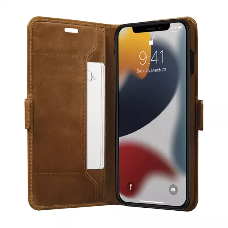 DBRAMANTE 1928 Copenhagen Slim Flip Case for Apple iPhone 13 Pro Max, Full-Grain Grained Leather, Light Brown, Magnetic Closure, 3 Card Slots, Stand Feature, Wireless Charging Support