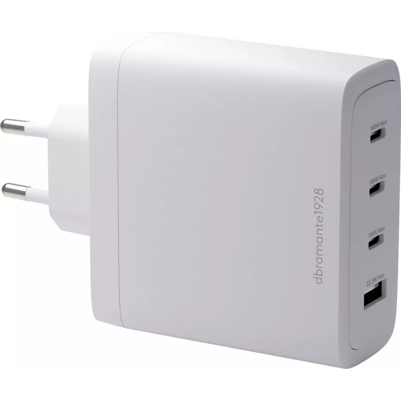 DBRAMANTE1928 Re-Charge GaN sienas lādētājs 140W – 4 izejas porti (3x USB-C, 1x USB-A) – balts