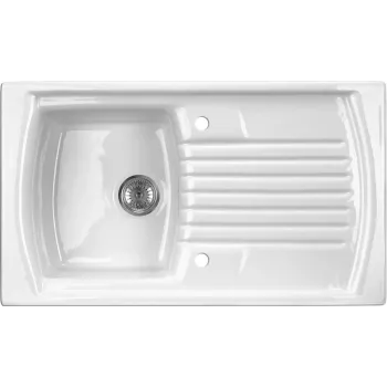 DEANTE 1-Bowl Keramikas Virtuves Izlietne ar Noteku, Balta, 590x460 mm