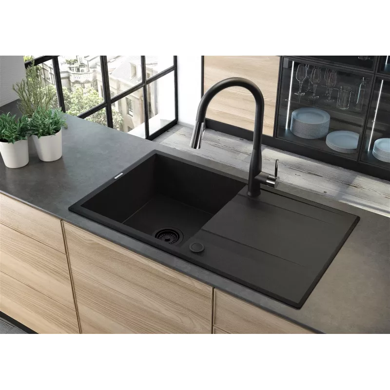 DEANTE 1-Bļoda Granīta Izlietne ar Žāvētāju - Onyx Melna, 620x500mm