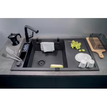 DEANTE 1-Bowl Magnetic Granite Sink with Drainer Graphite Metallic