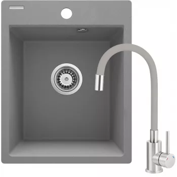 DEANTE Granīta kompozīta 1-bļodas virtuves izlietne ar vienas sviras jaucējkrāna komplektu, Melna, 780x480 mm