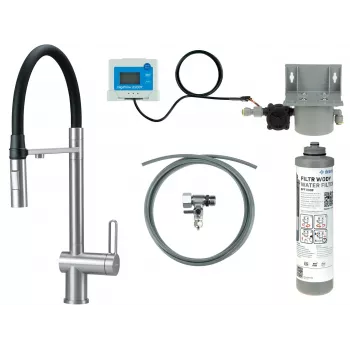 DEANTE Virtuves jaucējkrāns ar ūdens filtrēšanas komplektu, elastīgs snīpis, matēti melns, 3-ceļu
