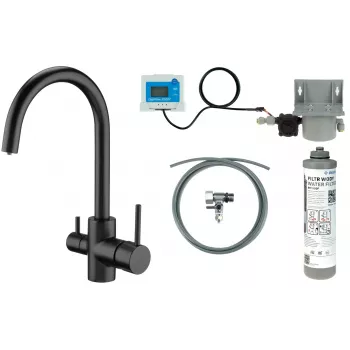 DEANTE virtuves jaucējkrāns ar ūdens filtrēšanas komplektu, matēti melns, misiņš, 3-ceļu