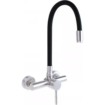 DEANTE Sienas virtuves jaucējkrāns ar izliektu snīpi, hromēts, vienas sviras maisītājs, misiņš, 220 mm sniedzamība