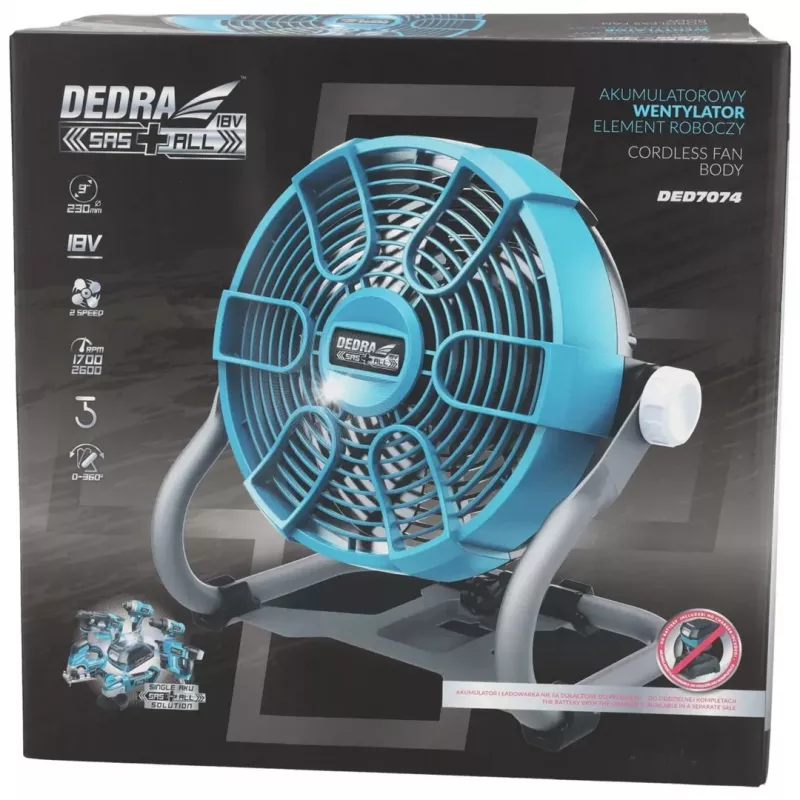 DEDRA DED7074 18V bezvada ventilators 230mm 3 ātrumi ar pakarināmo āķi un statīva stiprinājumu