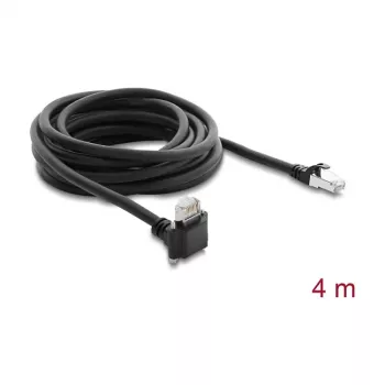 Delock 4m GigE kameras kabelis Cat.6 S/FTP RJ45 90° leņķa skrūvējams fiksators uz RJ45 taisns - melns