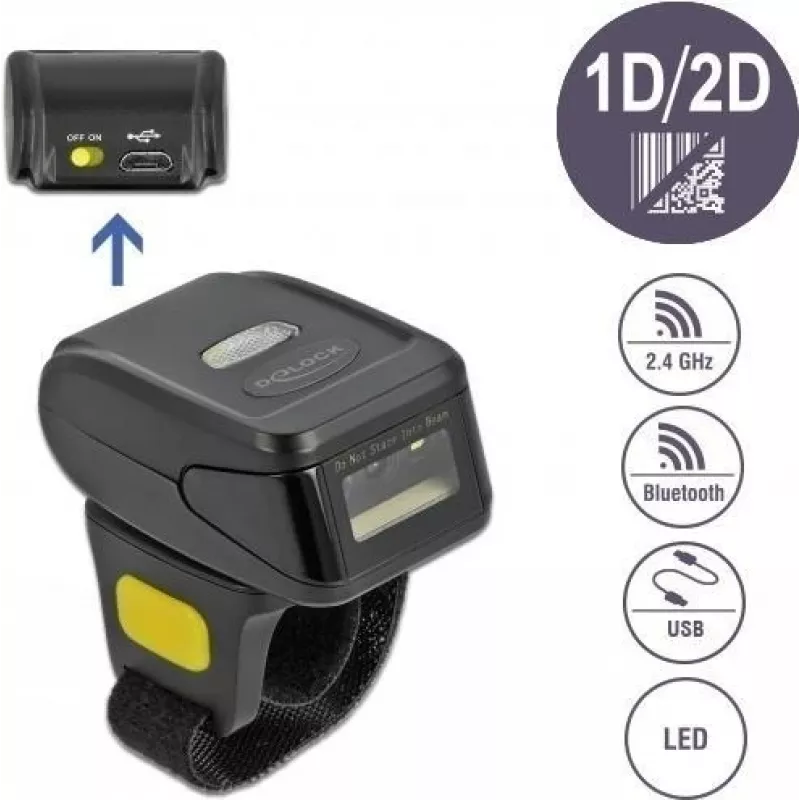 DeLOCK 90508 Pārnēsājams 1D/2D svītrkodu skeneris ar USB, 2,4 GHz RF un Bluetooth 4.1