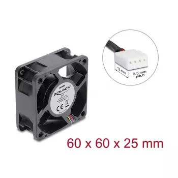 Delock Aksialais ventilators 48 V DC, 60 x 60 x 25 mm ar 4-pin PWM ventilatora savienotāju, melns