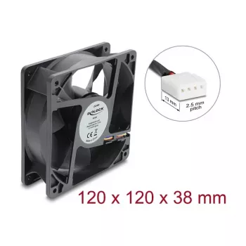 Delock Aksialais ventilators 48V DC, 120x120x38mm, 4-Pin PWM, lodīšu gultnis, 3000 RPM, 170 m³/h, melns