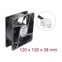 Delock Aksialais ventilators 48V DC, 120x120x38mm, 4-Pin PWM, lodīšu gultnis, 3000 RPM, 170 m³/h, melns