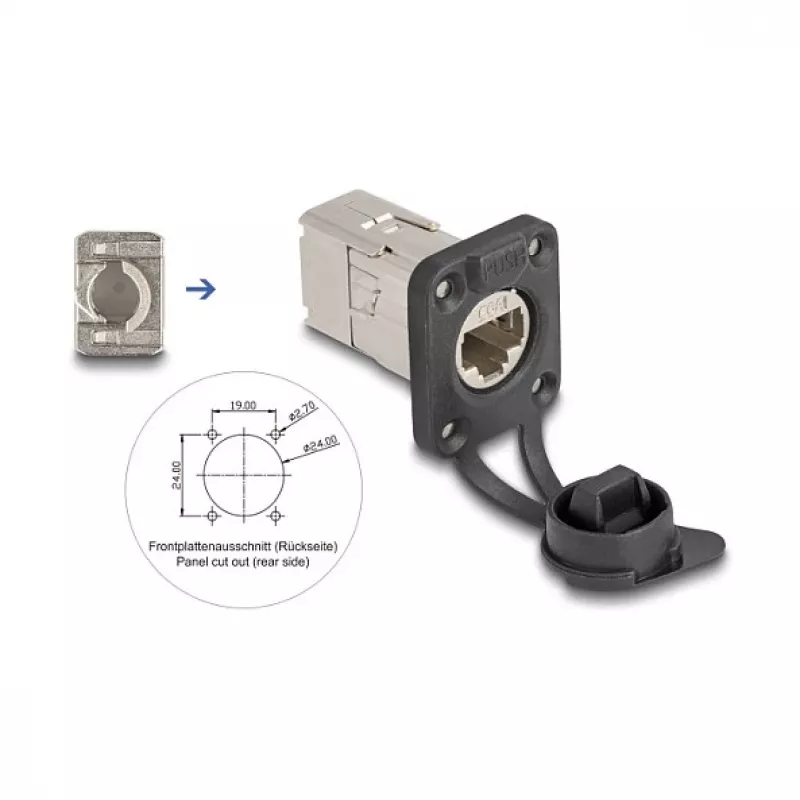 Delock D-tipa RJ45 panelī montējams ligzda Cat.6A STP ar LSA pieslēgumu un IP66 aizsargvāciņu