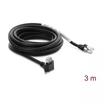 Delock GigE kameras kabelis Cat.6 S/FTP 3m, RJ45 90° leņķa spraudnis ar skrūvēm (28mm) uz RJ45 taisno spraudni, melns