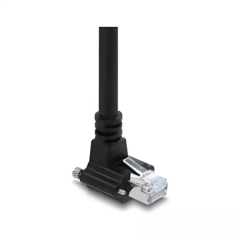 Delock GigE kameras kabelis RJ45 90° leņķī ar skrūvēm uz RJ45 Cat.6 S/FTP 10 m melns
