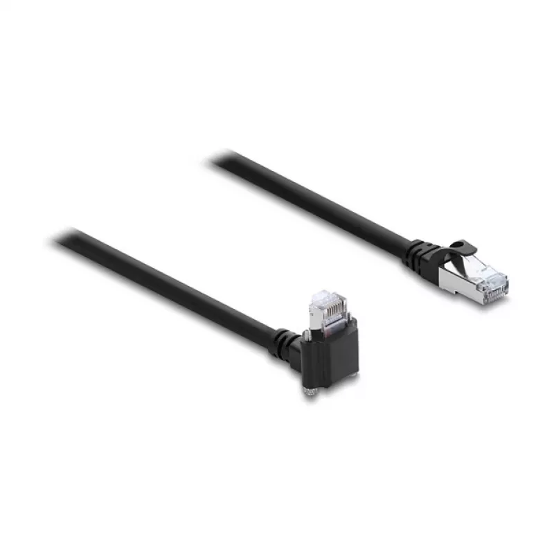 Delock GigE kameras kabelis RJ45 vīrišķais 90° leņķveida ar skrūvēm, 28 mm savienotāja garums uz RJ45 vīrišķo Cat.6 S/FTP 1 m melns