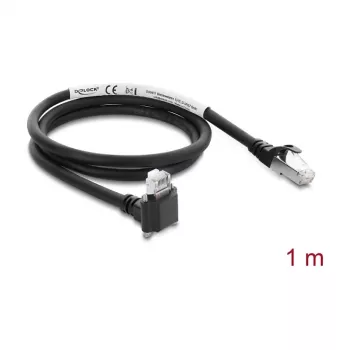 Delock GigE kameras kabelis RJ45 vīrišķais 90° leņķveida ar skrūvēm, 28 mm savienotāja garums uz RJ45 vīrišķo Cat.6 S/FTP 1 m melns