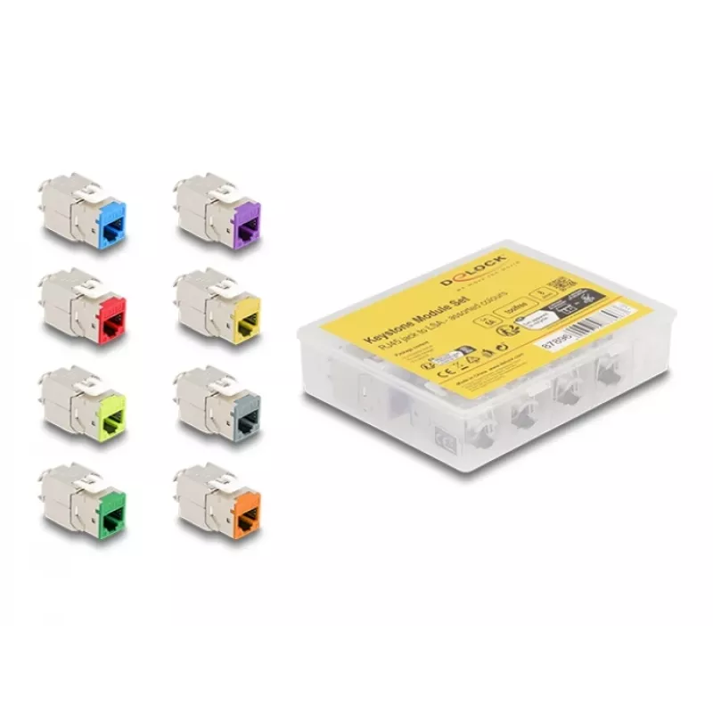 Delock Keystone modulis RJ-45 ligzda uz LSA ligzda STP CAT 6a, 8 gab. komplekts (pelēks, zils, dzeltens, sarkans, zaļš, oranžs, violets, neona dzeltens) 87896