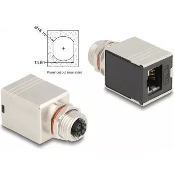 Delock M12 adapteris X-kodēts 8 kontaktu sievišķais uz RJ45 sievišķo Cat.6A STP ekranēts taisns