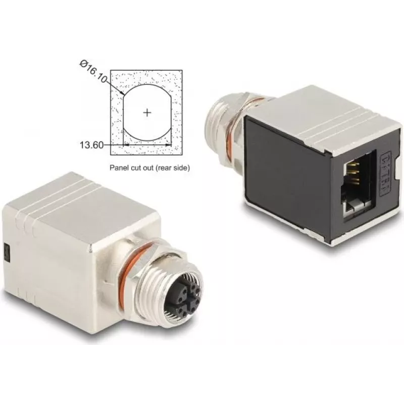 Delock M12 adapteris X-kodēts 8 kontaktu sievišķais uz RJ45 sievišķo Cat.6A STP ekranēts taisns