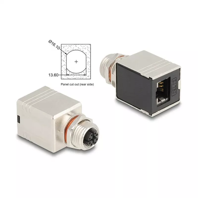 Delock M12 adapteris X-kodēts 8 kontaktu sievišķais uz RJ45 sievišķo Cat.6A STP ekranēts taisns